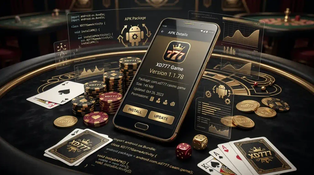 A 3D illustration of a smartphone displaying the XD777 Game APK information screen with Version 1.1.78 visible. The phone rests on a dark casino felt table surrounded by poker chips, playing cards, golden coins, red dice, and floating holographic panels showing Android code and system metrics in a dark gold aesthetic.