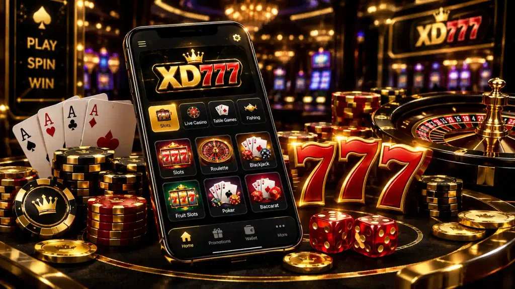 XD777 Game displayed on a smartphone surrounded by poker chips, playing cards, dice, roulette, golden coins, and glowing 777 symbols in a luxury casino setting